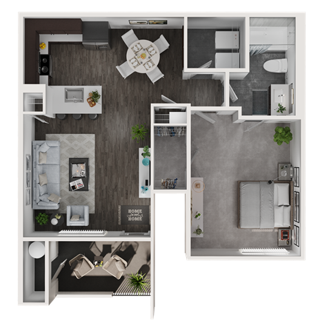 Floor plan for 1 bed, 1 bath, 898 sqft